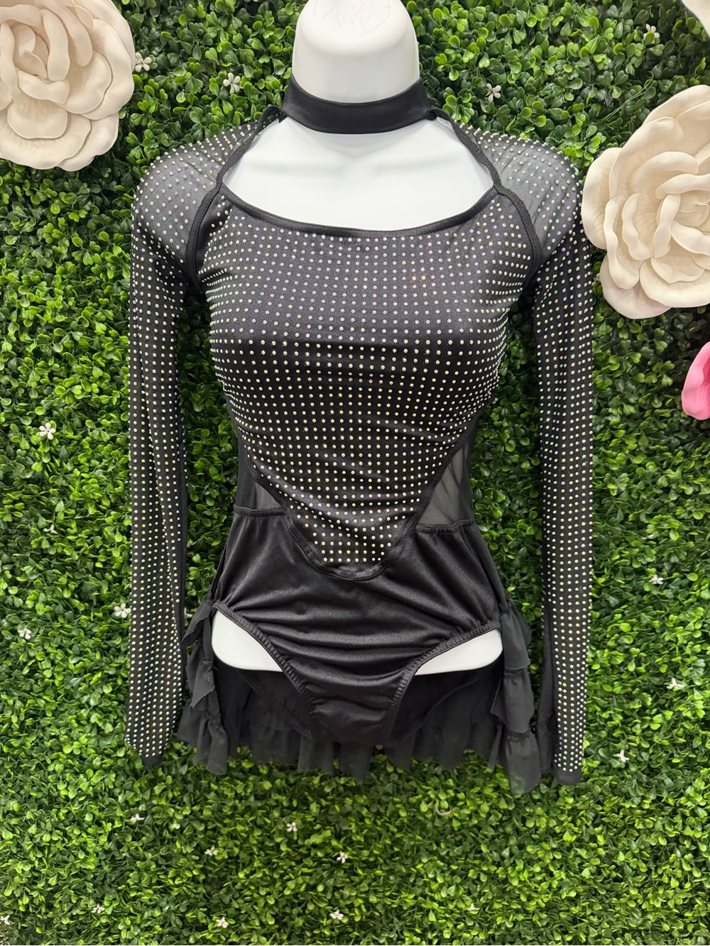 Weissman Black Studded Long Sleeve Dance Leotard with Choker